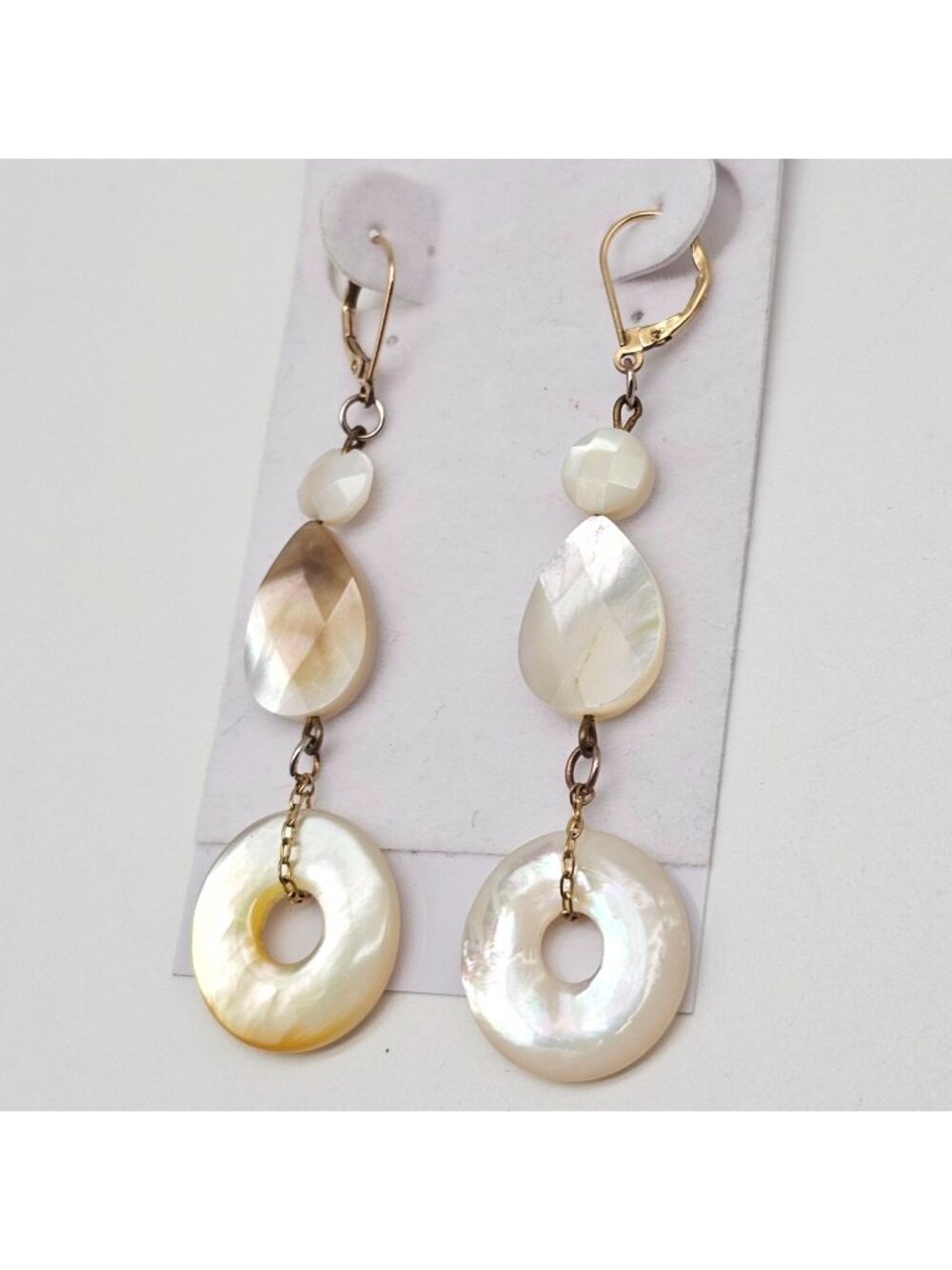 Vintage Mother Of Pearl Beaded Dangle Earrings 3" Drop Lever Back Closure